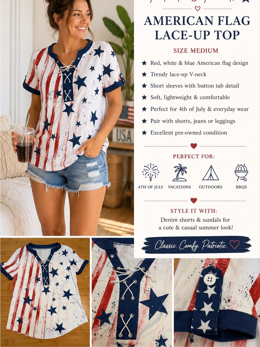 Source Unknown Red White Blue American Flag Lace-Up V-Neck Tee